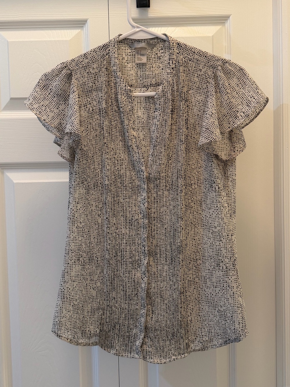 H&M Cream Blouse with Black Dot Print and Flutter Sleeves